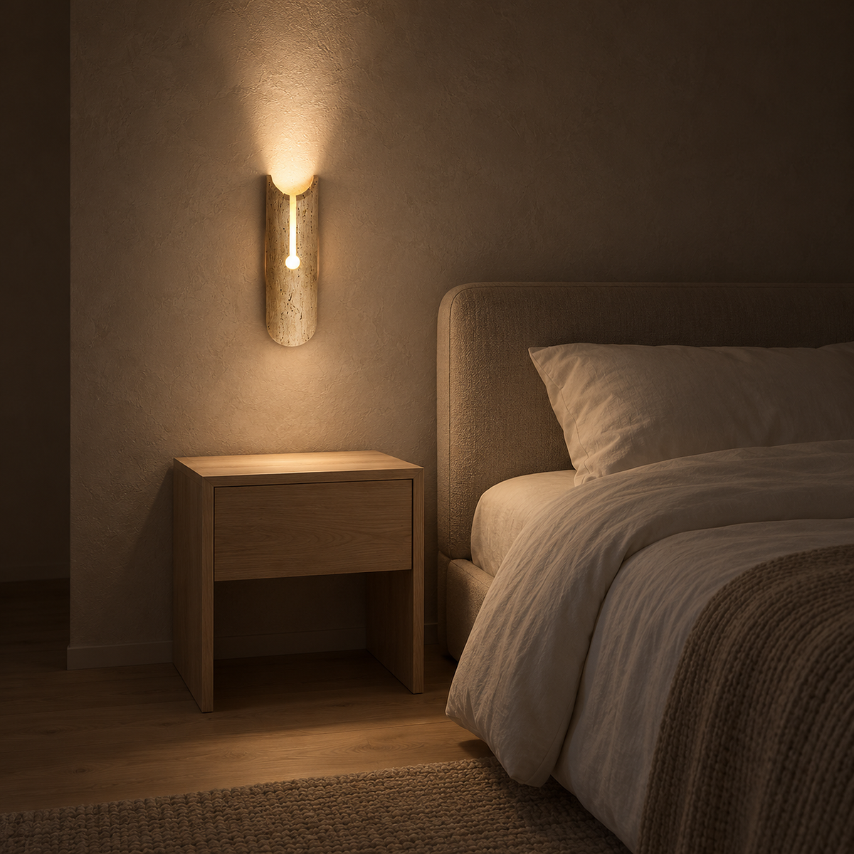 Nerisalo beige bedside wall light casting cozy warm light beside a bed at night