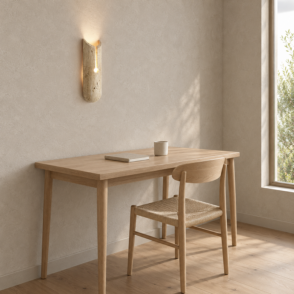 Nerisalo beige plug in wall lamp glowing on the wall beside a study table