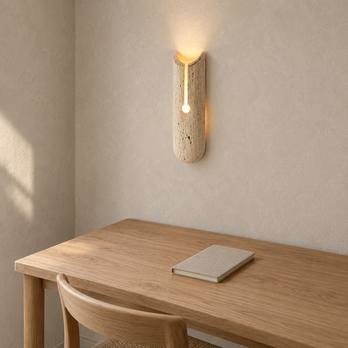 Nerisalo beige wall lamp lit in a study, showing warm light rising from its hollow top