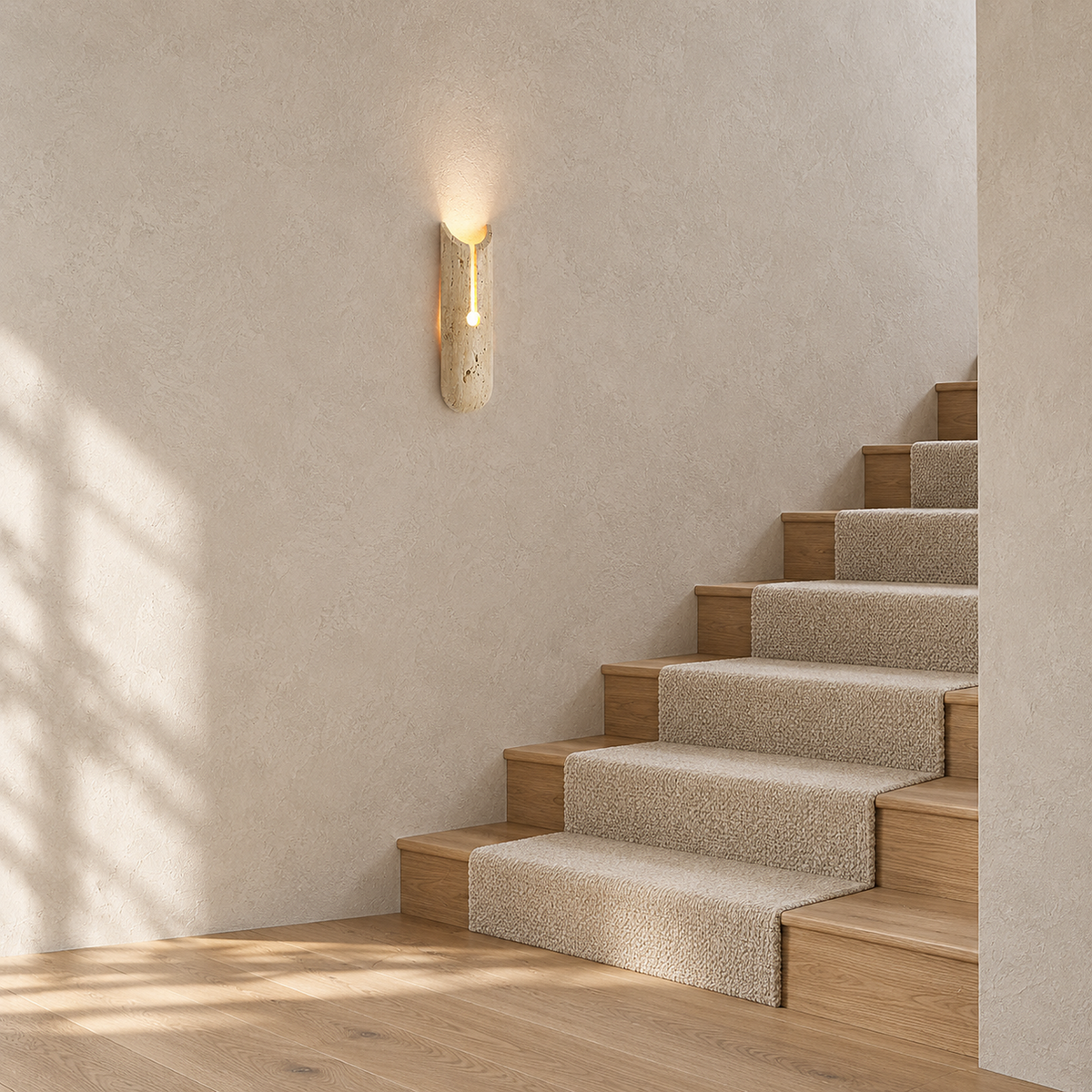 Nerisalo beige wall sconce lit beside the steps of a bright stairway in daylight