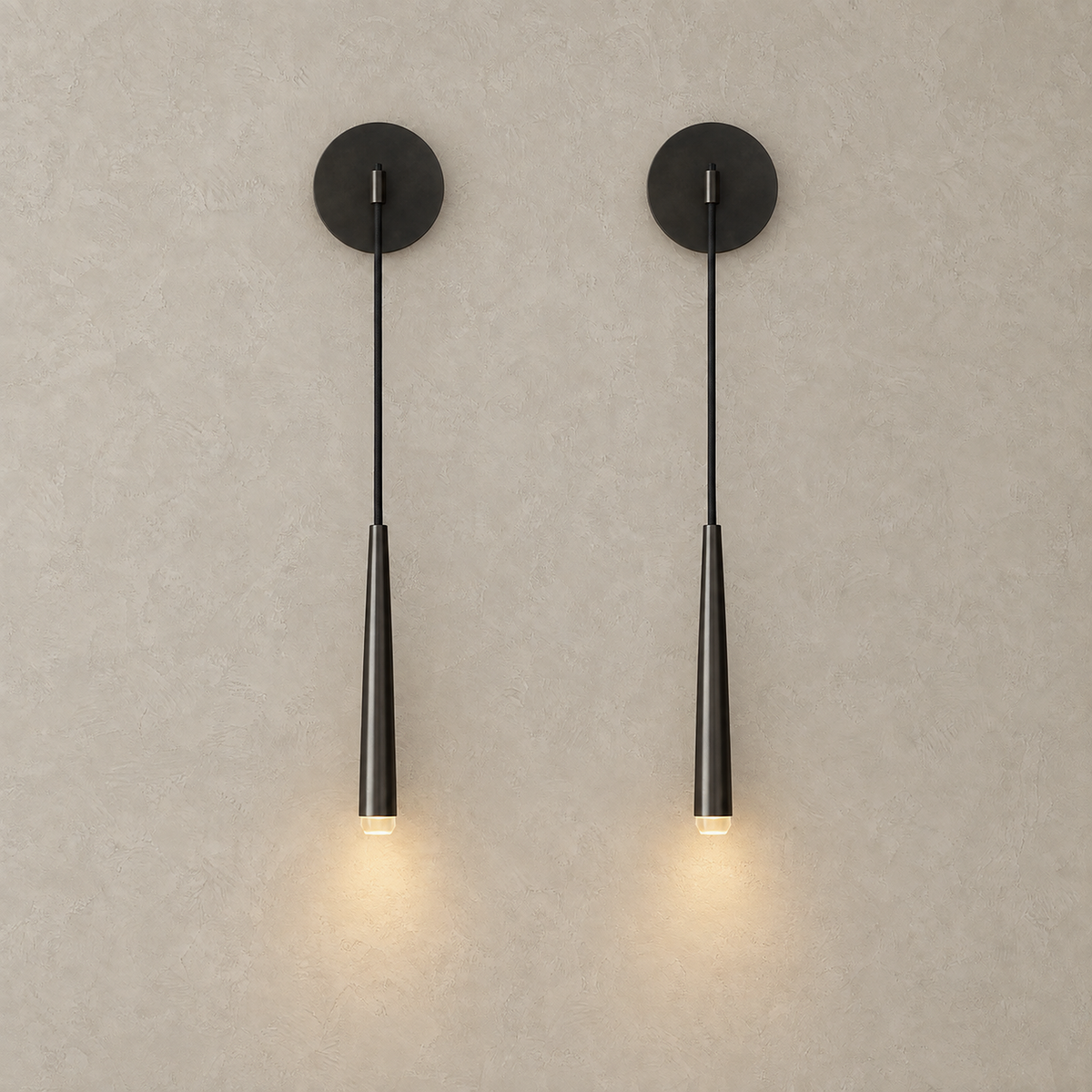 Nerisavo blackened hanging wall sconce set of 2 lit together on a plain studio backdrop #color_blackened