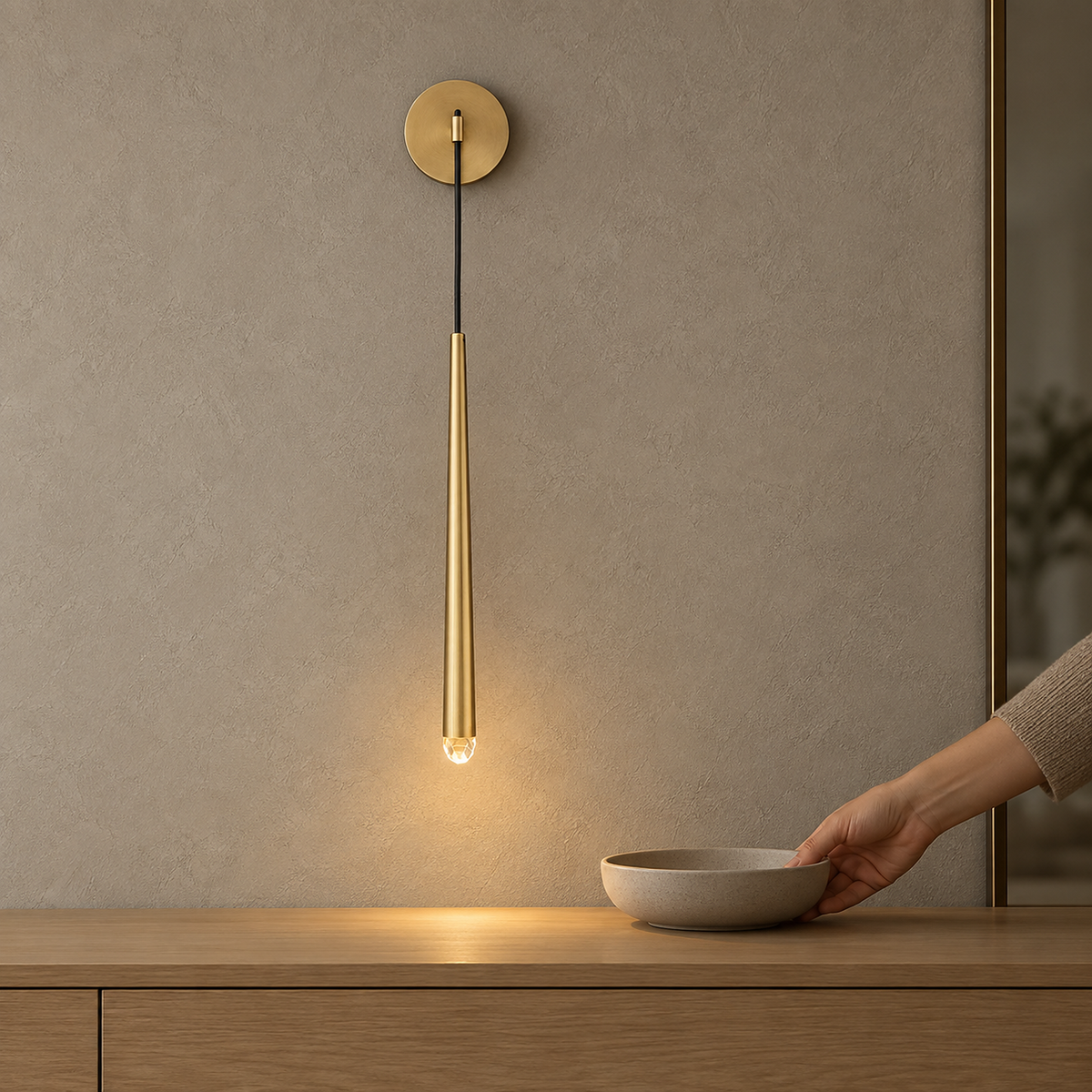 Nerisavo polished brass hanging wall sconce lit in a dressing room as daylight fades