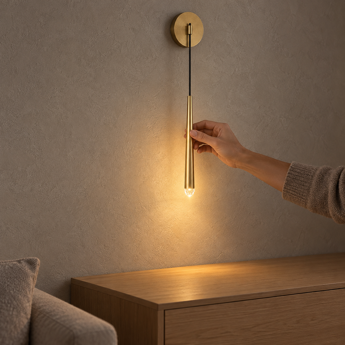 Nerisavo polished brass LED wall sconce lit above a living room sideboard, keeping the top free