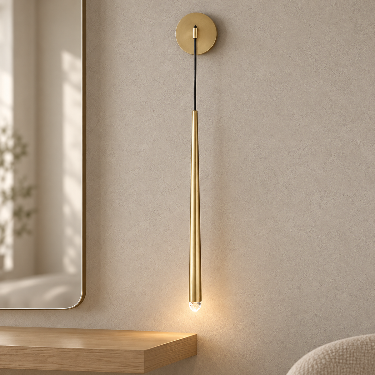 Nerisavo polished brass wall sconce lit in a dressing room in daylight