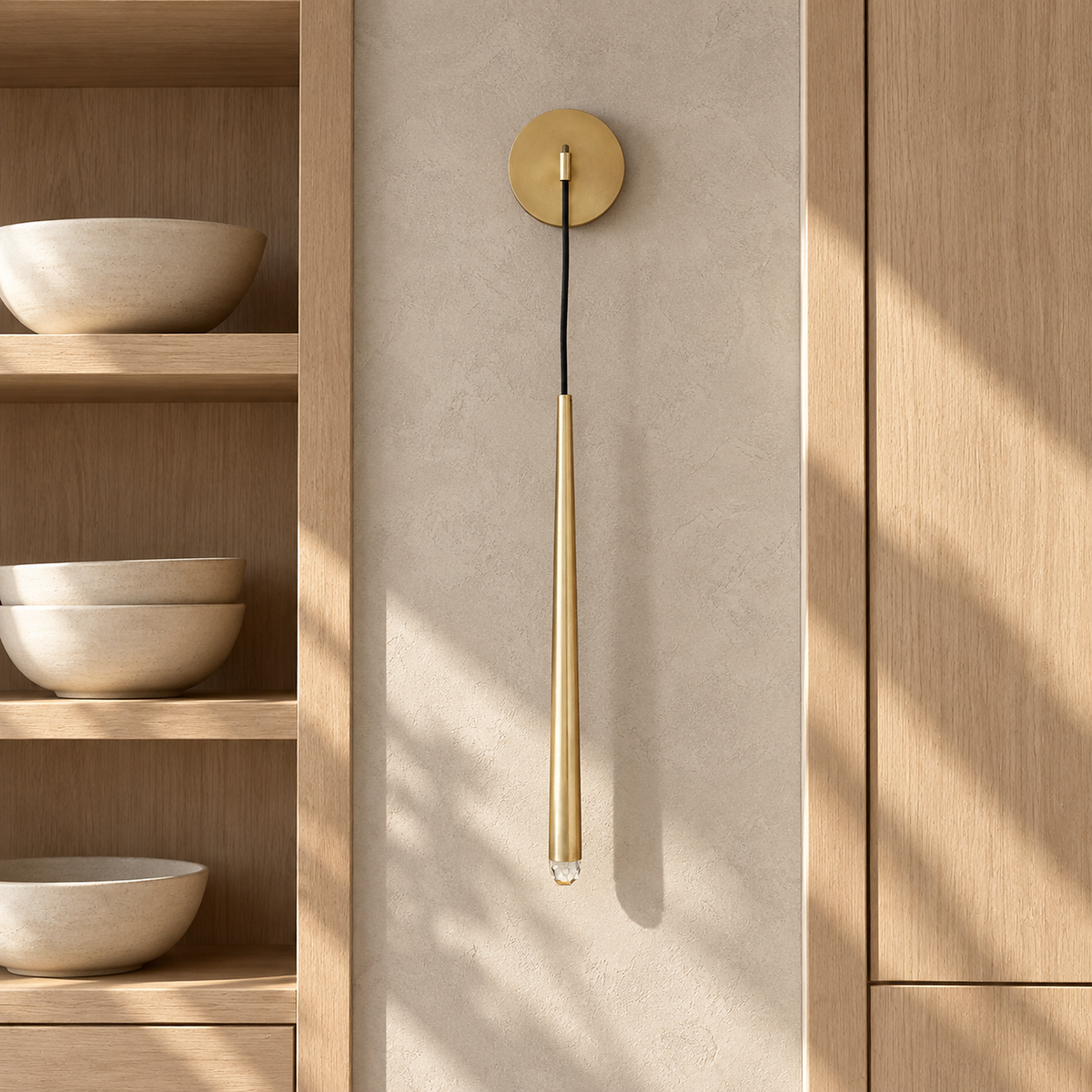 Nerisavo polished brass wall sconce unlit on a dining room wall in daylight