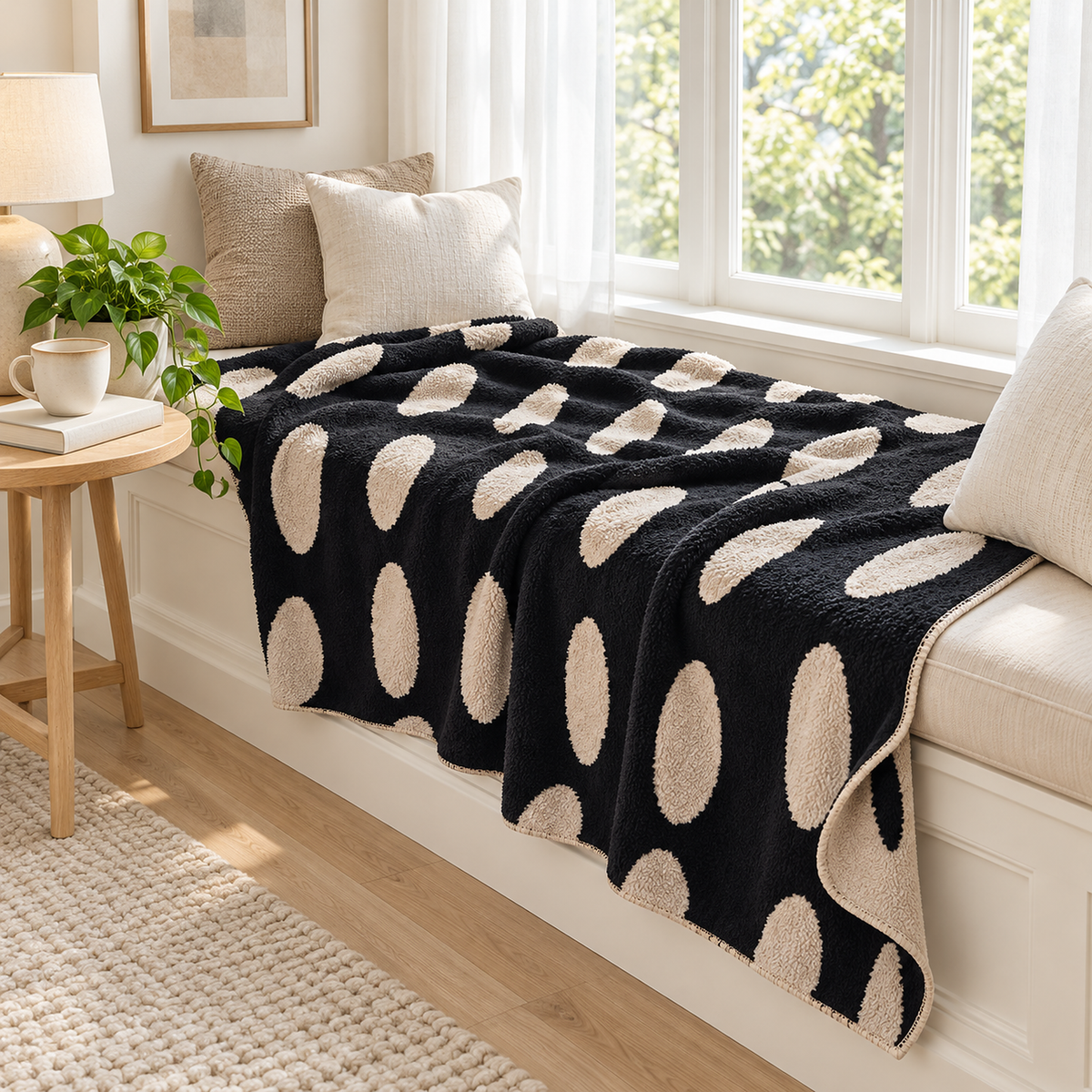 Nesavori black and white fleece throw blanket laid open across a breakfast bay window seat in daylight