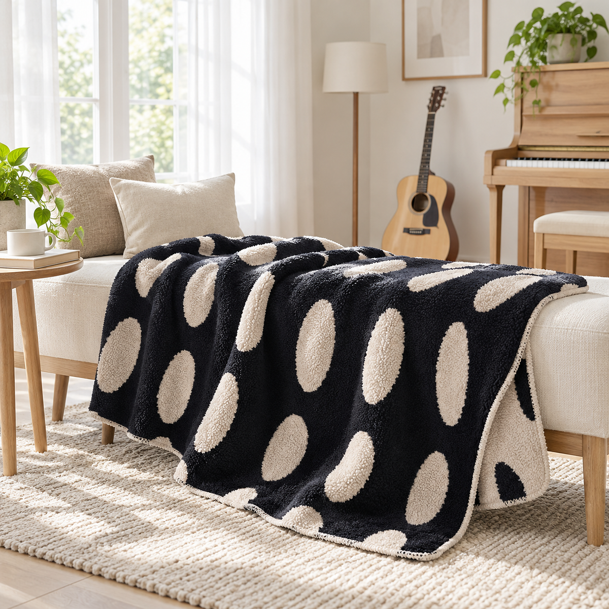 Nesavori black and white plush throw blanket on a music room bench showing its moderate thickness at the edge