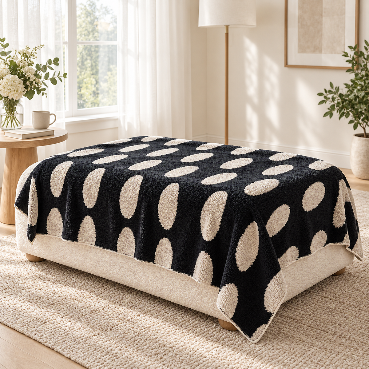 Nesavori black and white plush throw blanket spread over an upholstered ottoman in a guest sitting nook