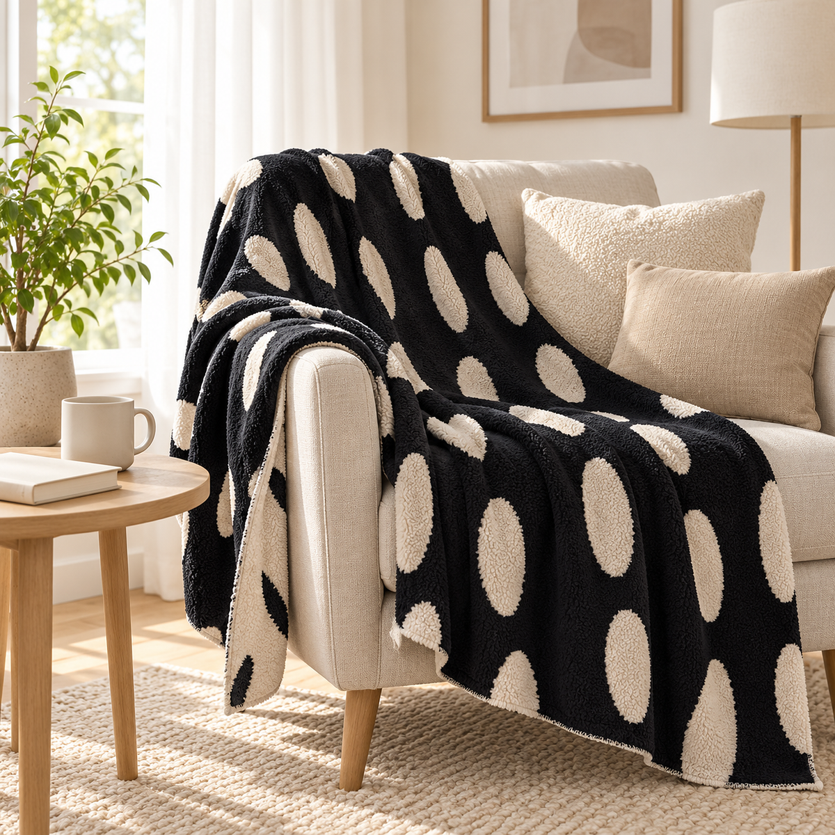 Nesavori dark cream soft throw blanket draped in a bright reading corner with an armchair and cushions