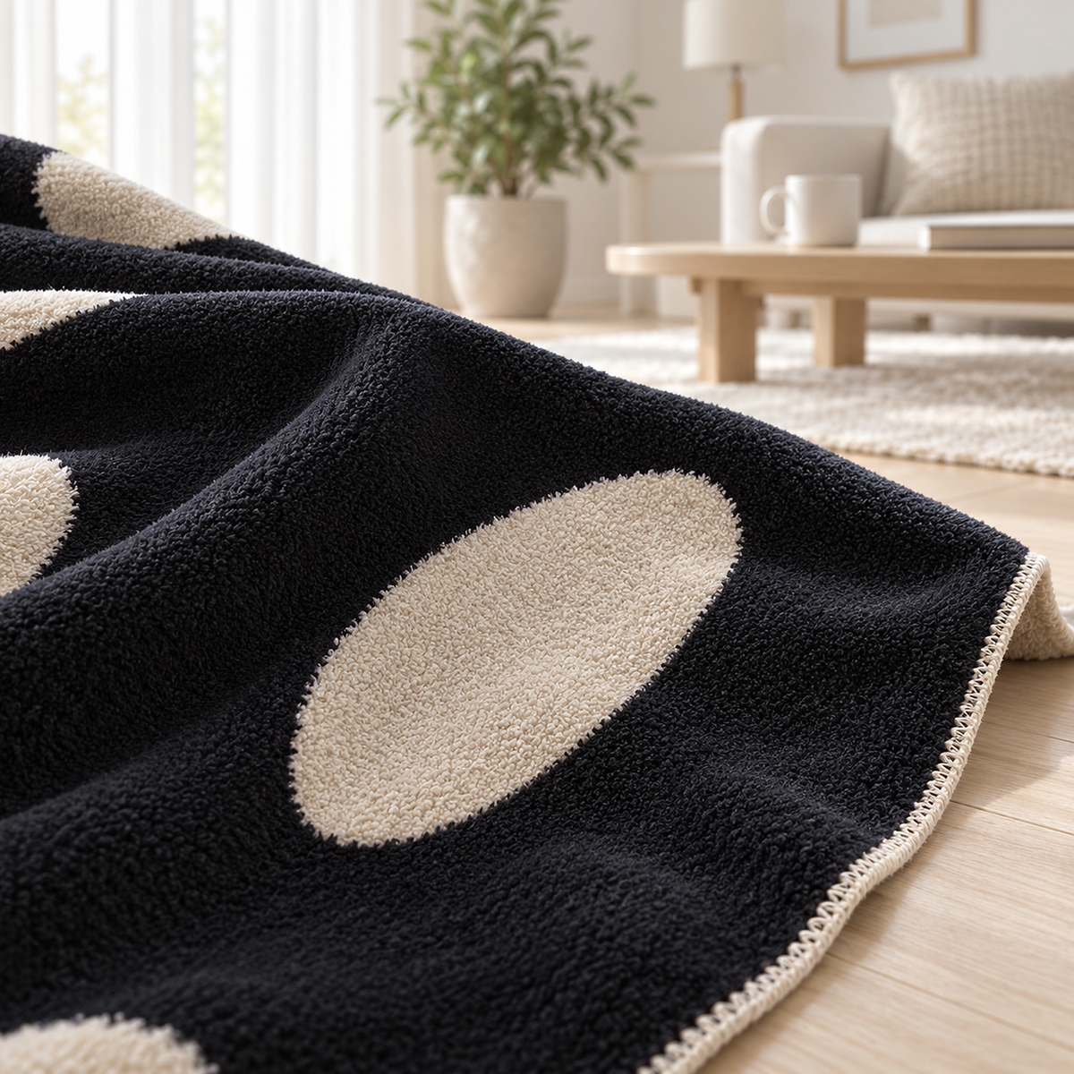 Nesavori black and white soft throw blanket in a close view of its fuzzy fleece texture