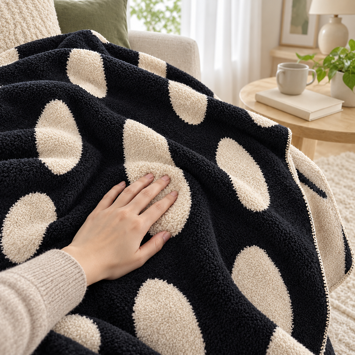 Nesavori black and white soft throw blanket with a hand gently pressing into its fuzzy surface