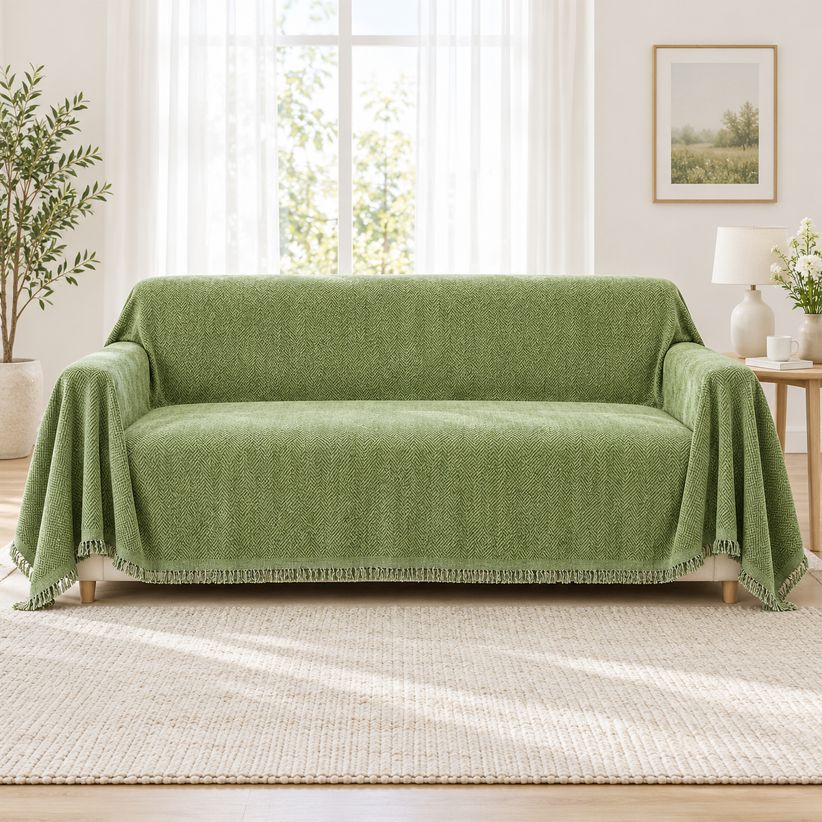 Nesolira green throw blanket for couch spread whole across the sofa back, seat and both arms