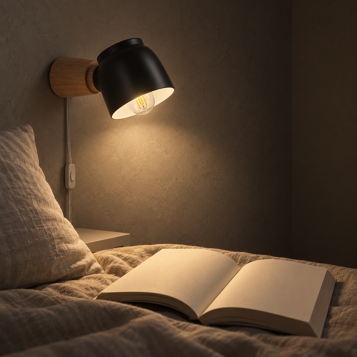 Netirama black bedside wall light illuminating open pages at night in a sleeping nook #color_black