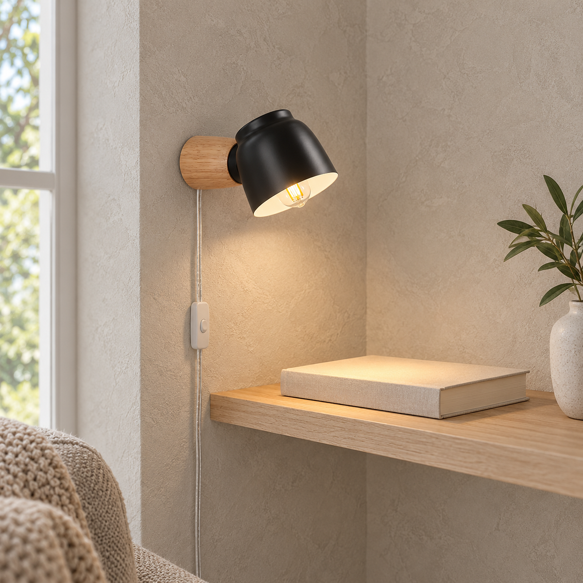 Netirama black wall lamp lit above a solid wood shelf in a dressing room #color_black