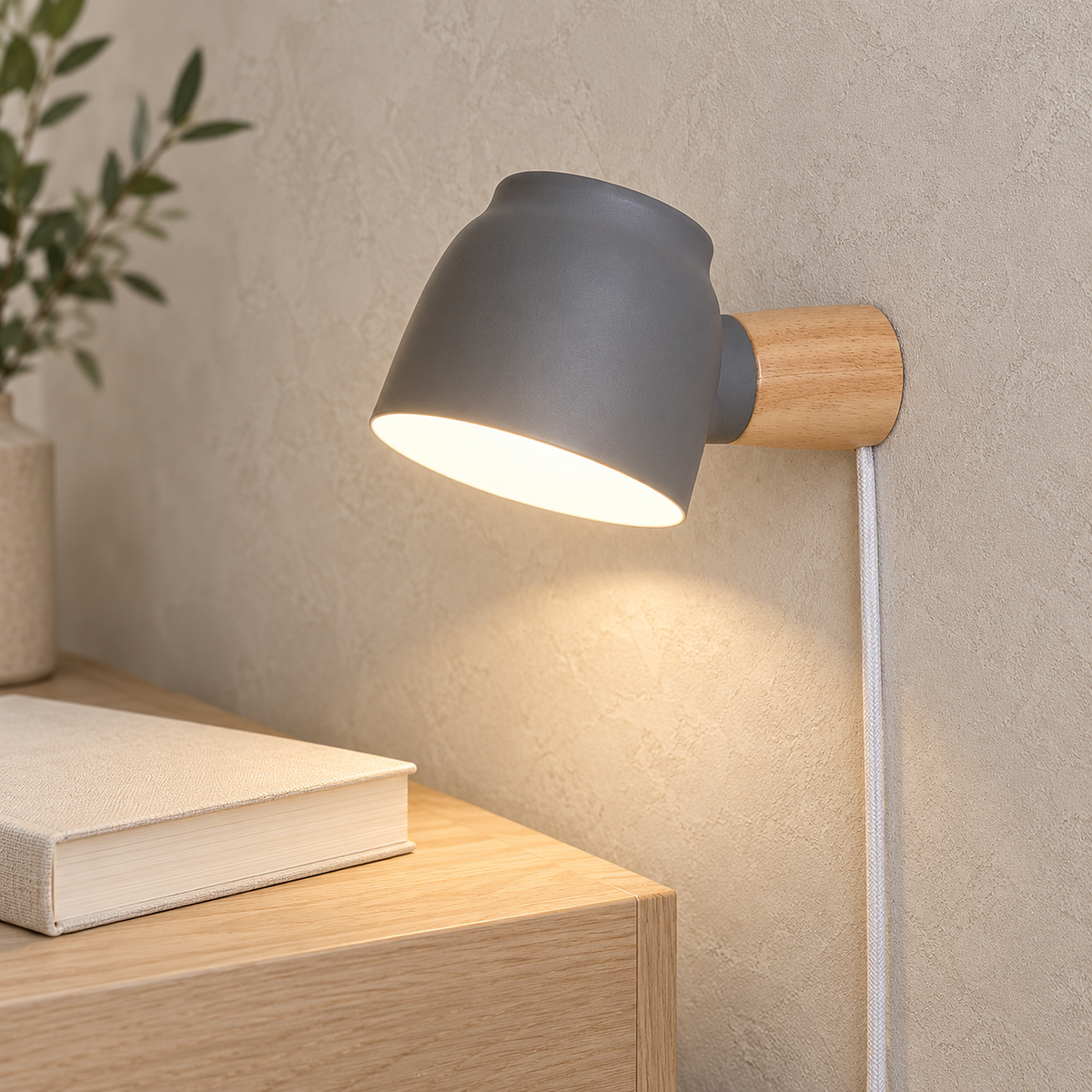 Netirama gray wall light glowing above a solid wood corner of a dining room by day #color_gray