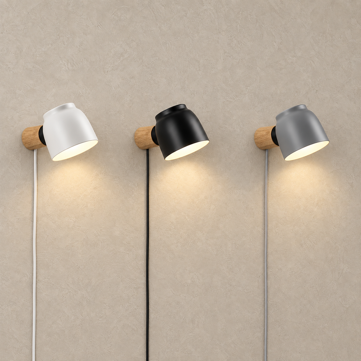 Netirama white, black and gray wall sconces lit side by side for color comparison