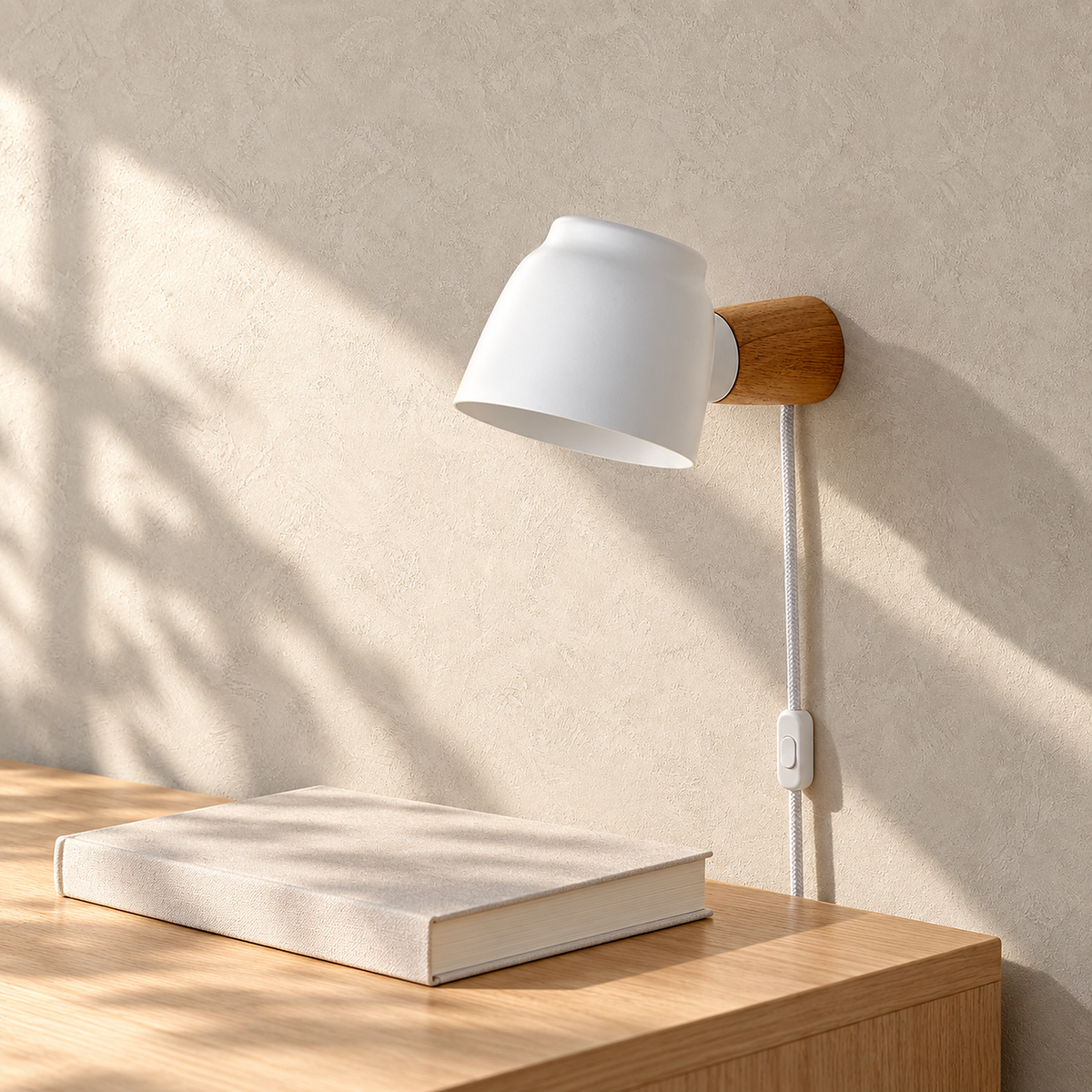 Netirama white compact wall lamp unlit above solid wood dining room furniture in daylight