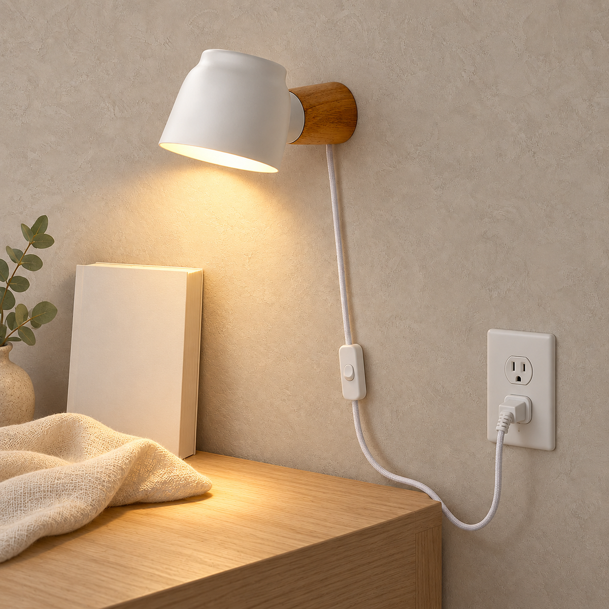 Netirama white plug in wall lamp beside a bedside outlet with its 1.2 m cable