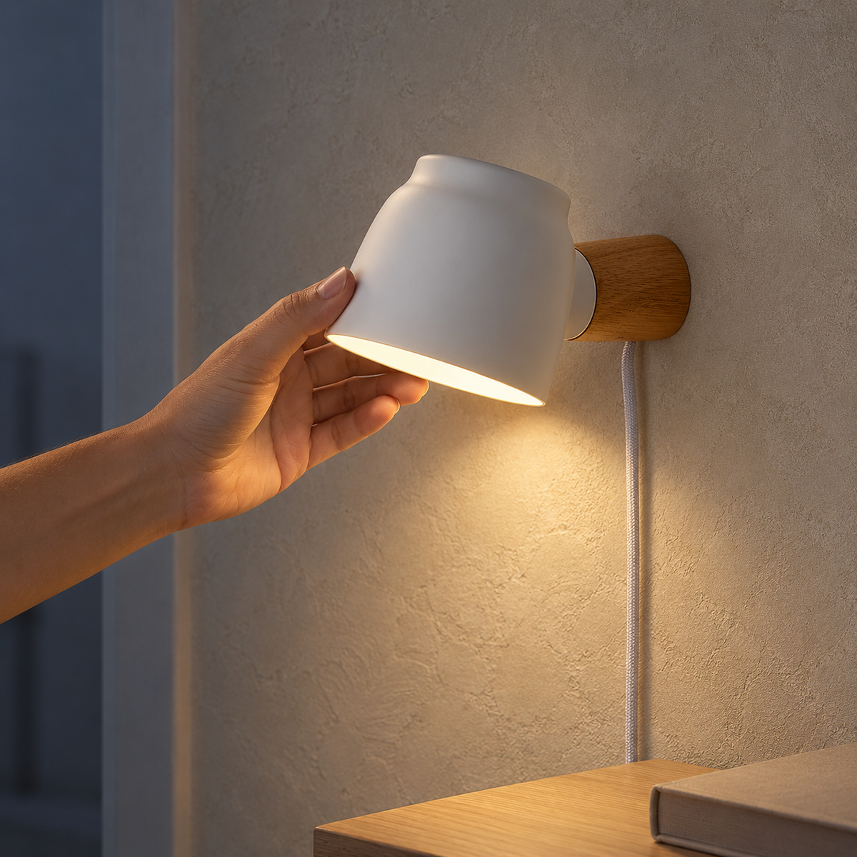 Netirama white plug in wall lamp lit on a narrow hallway wall, compact 11 cm shade