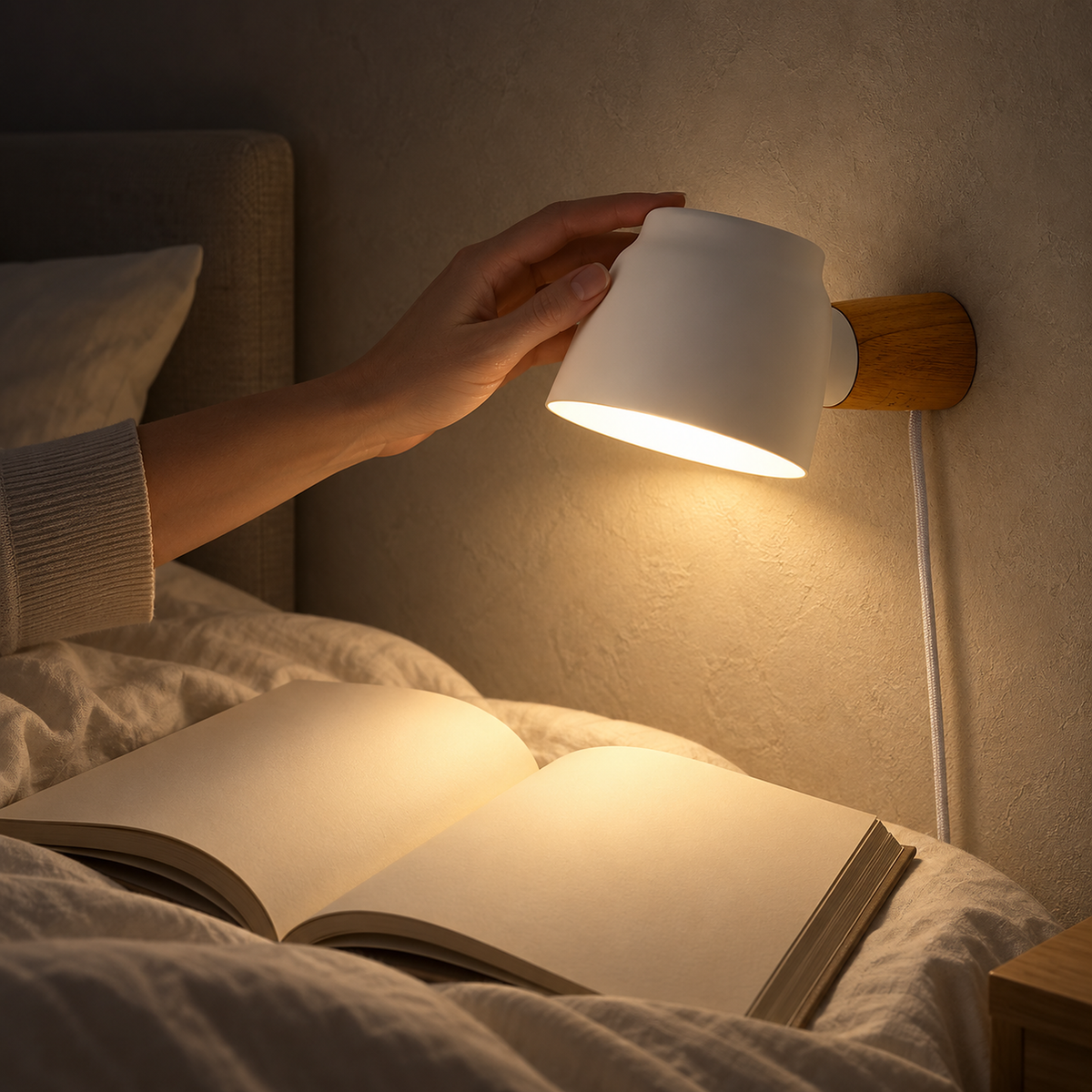 Netirama white plug in wall light directing warm light onto bedroom covers at night