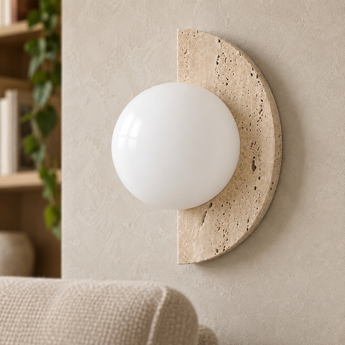 Nevaline beige and white bedside wall light close up on travertine pores and frosted glass