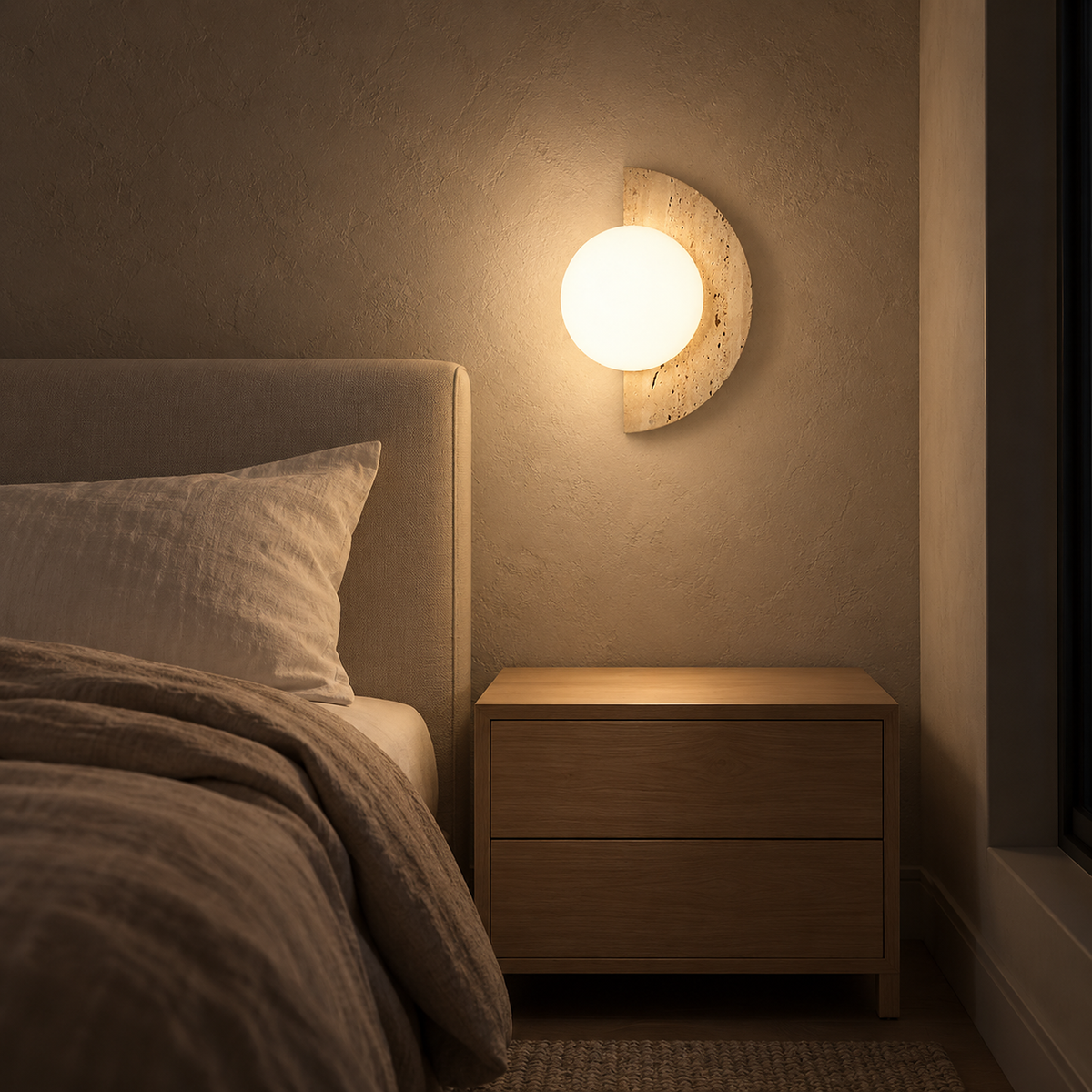 Nevaline beige and white bedside wall light glowing evenly beside a bed at night
