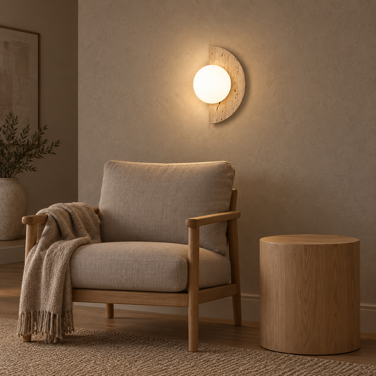 Nevaline beige and white wall light above a living room armchair in soft daylight