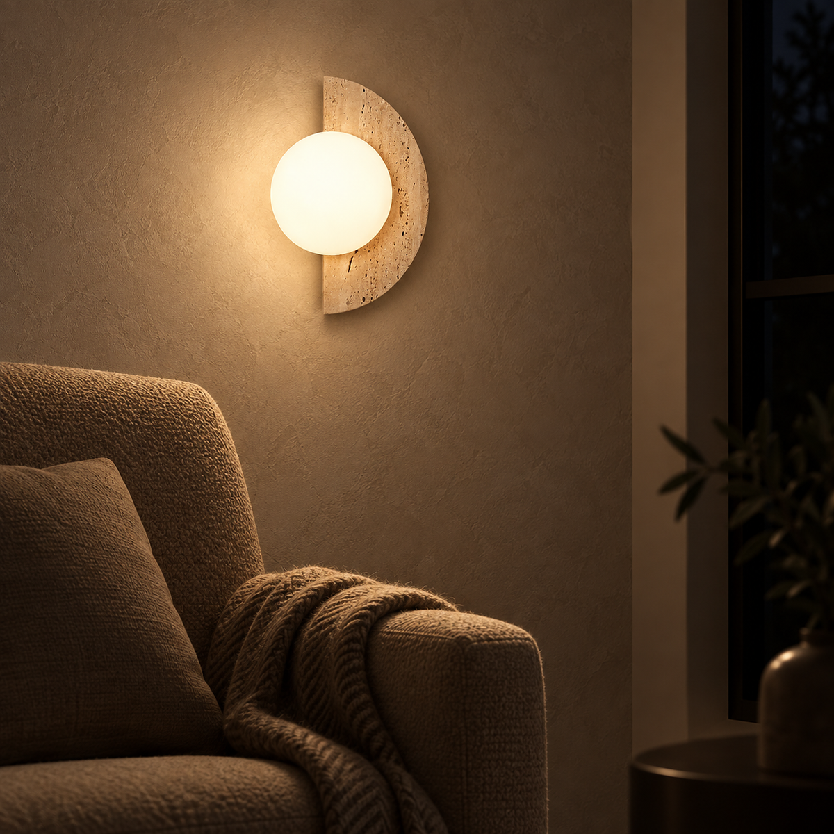 Nevaline beige and white wall light with its frosted globe casting warm evening light