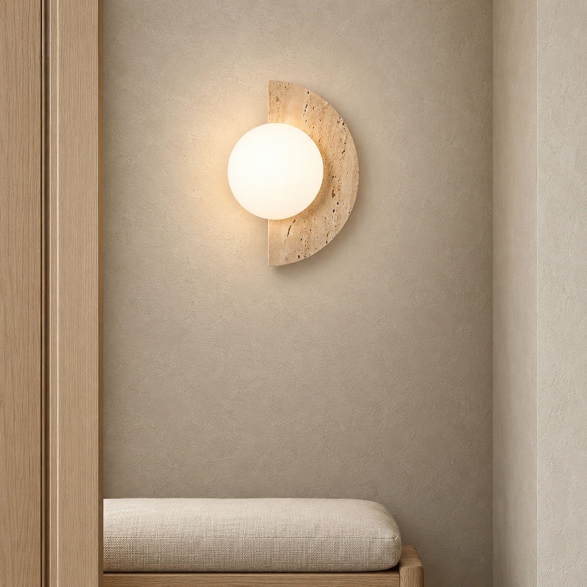 Nevaline beige and white wall sconce fitting a narrow hallway wall at 23 cm wide