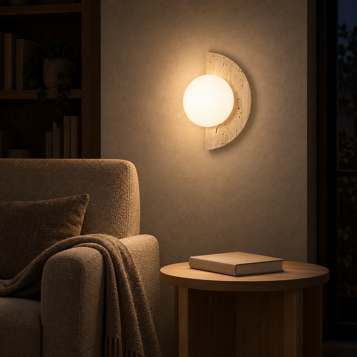 Nevaline beige and white wall sconce lighting a library armchair in the evening