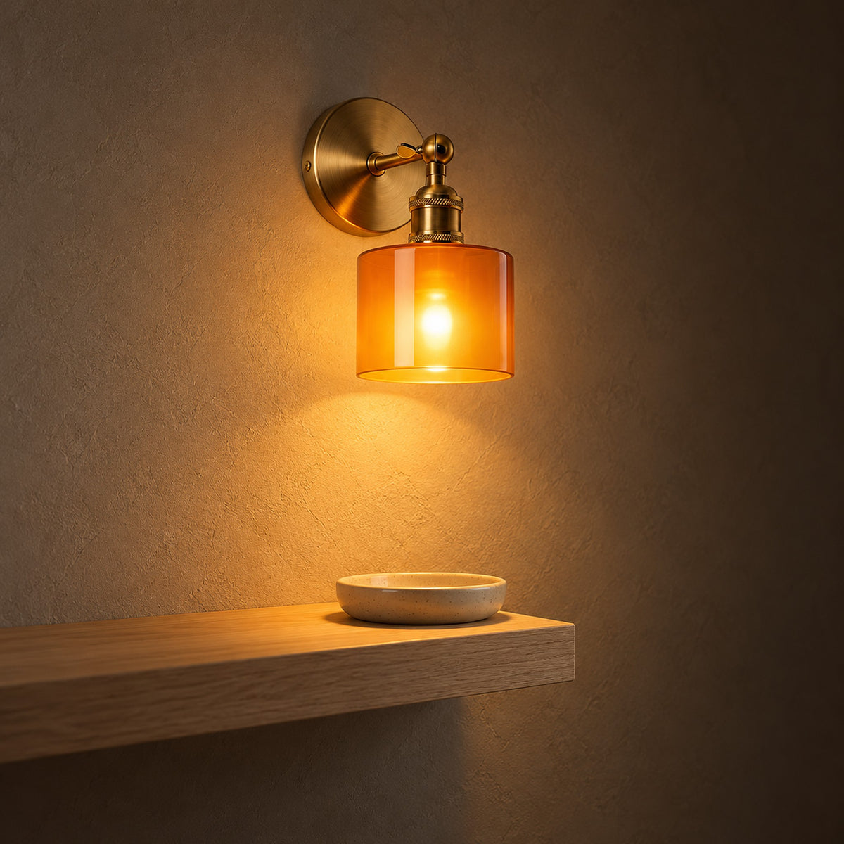 Nevalto orange bedside wall light dimmed to a gentle warm setting in a hallway at night