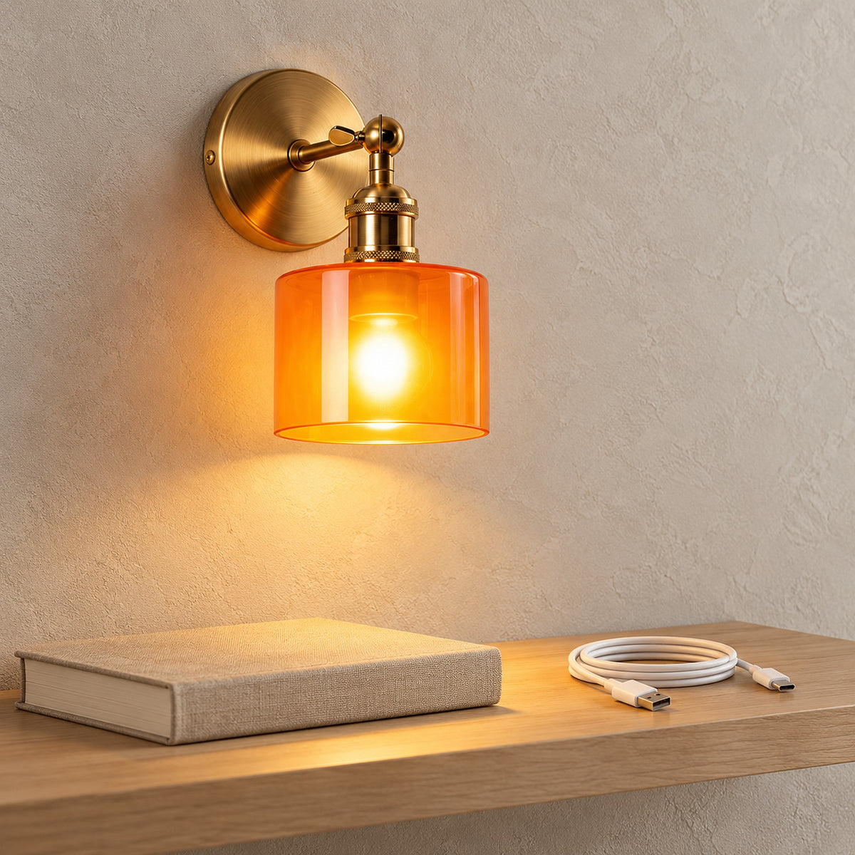 Nevalto orange rechargeable wall sconce lit by its included magnetic bulb in a reading corner by day