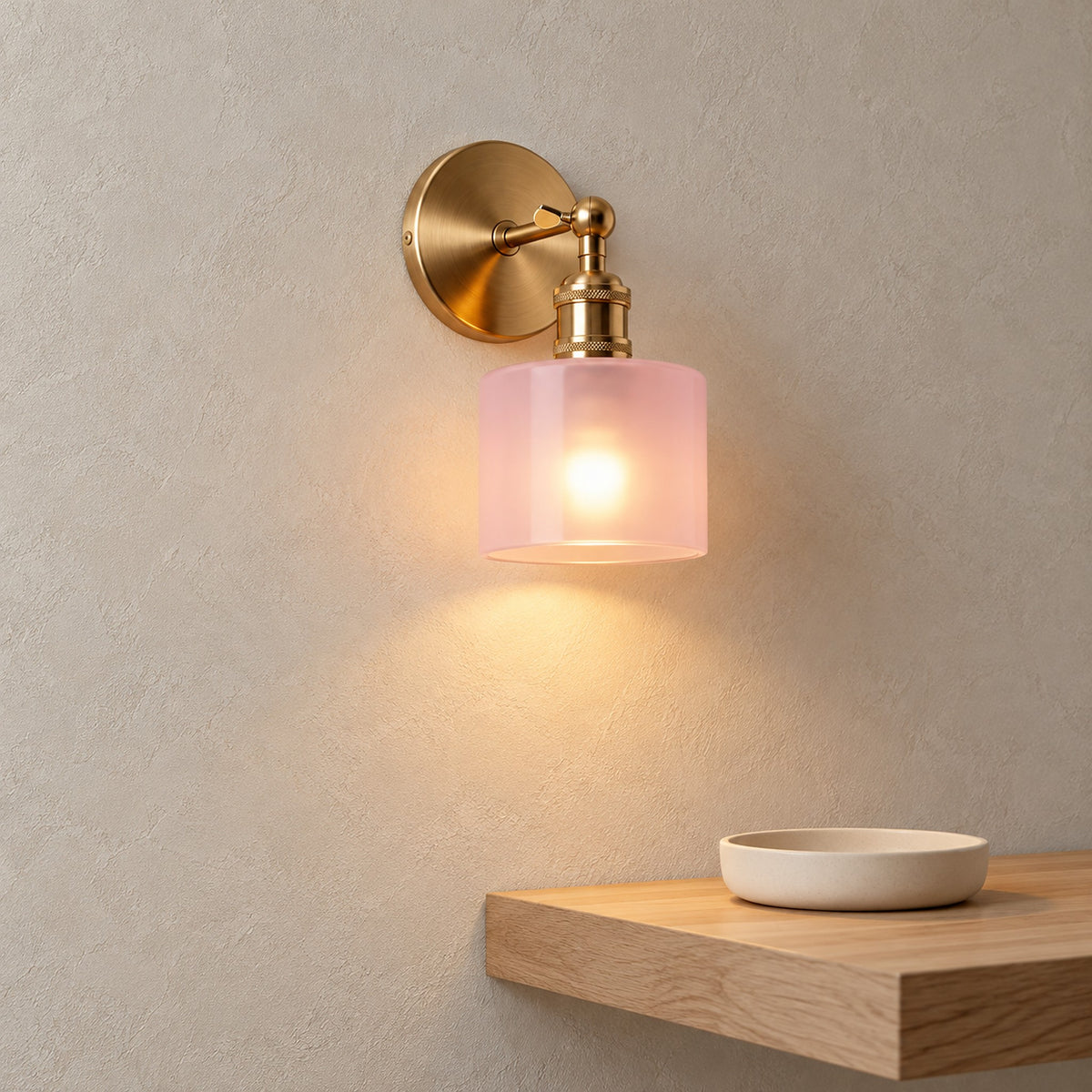 Nevalto pink wall light glowing above a hallway shelf in daylight #color_pink