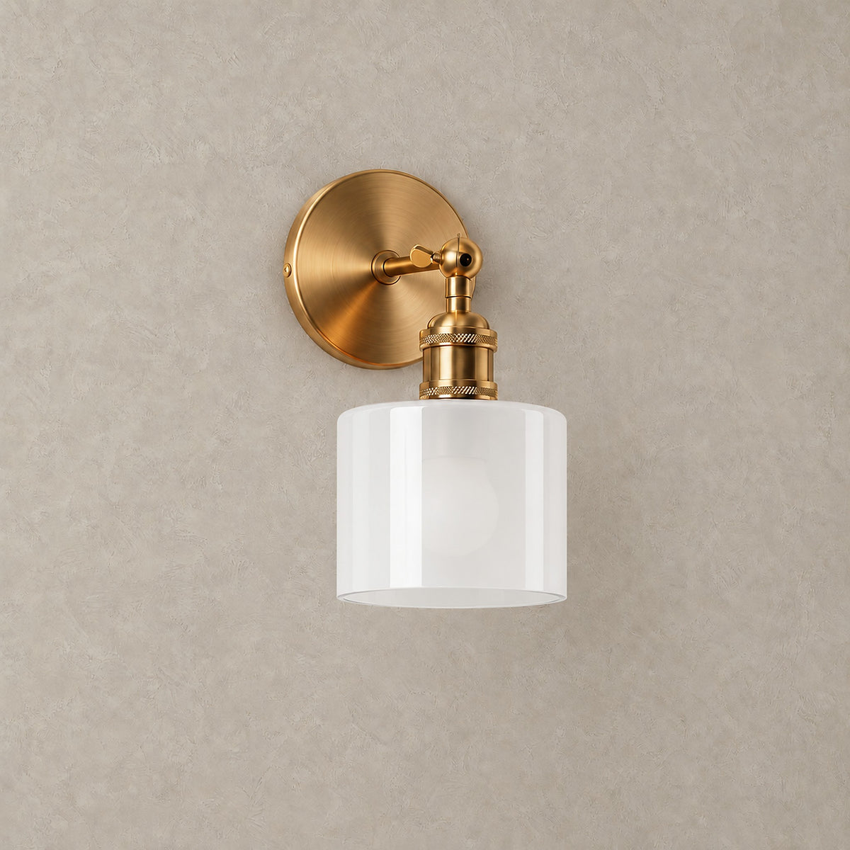 Nevalto white wall lamp with an unlit glass shade and round backplate on a plain background #color_white