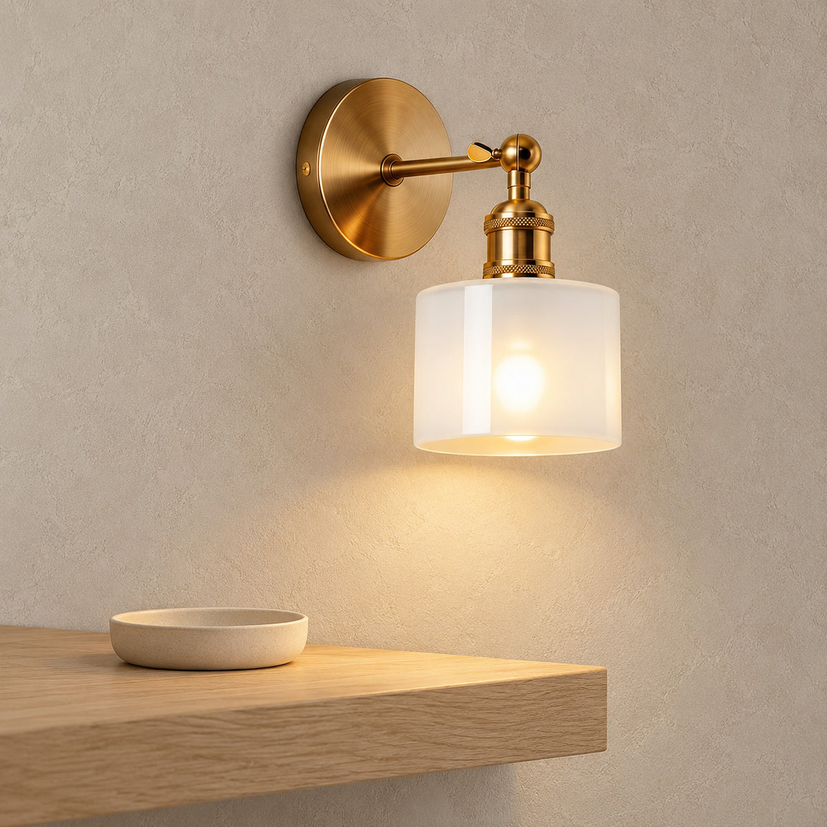 Nevalto white wall light glowing above a hallway shelf on a bright day #color_white