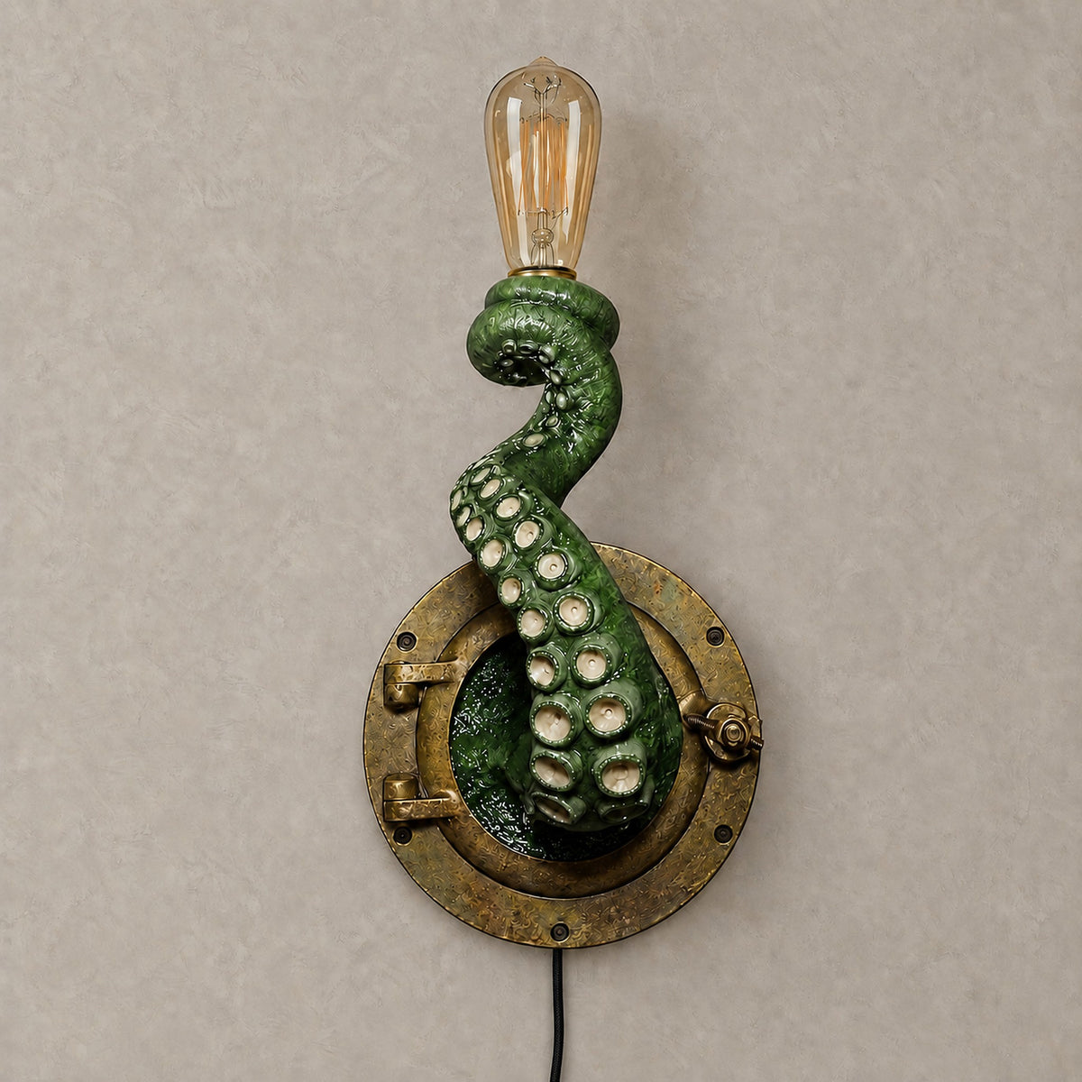 Nevilmo green plug in wall sconce shaped as a resin octopus tentacle, shown unlit #color_green