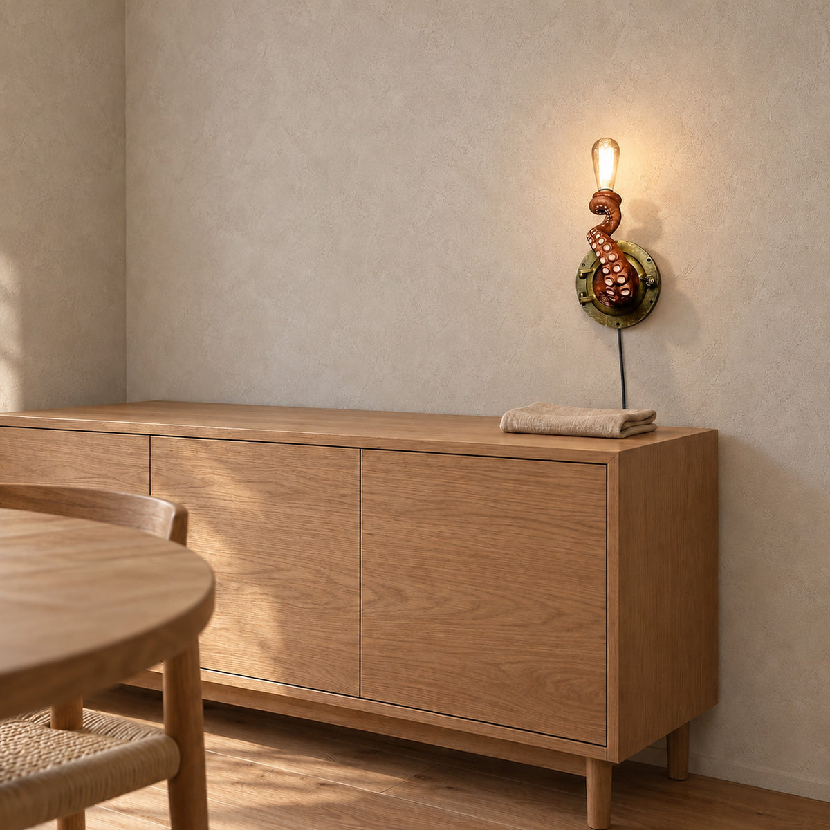 Nevilmo green wall lamp glowing above a sideboard in a bright dining nook by day #color_green