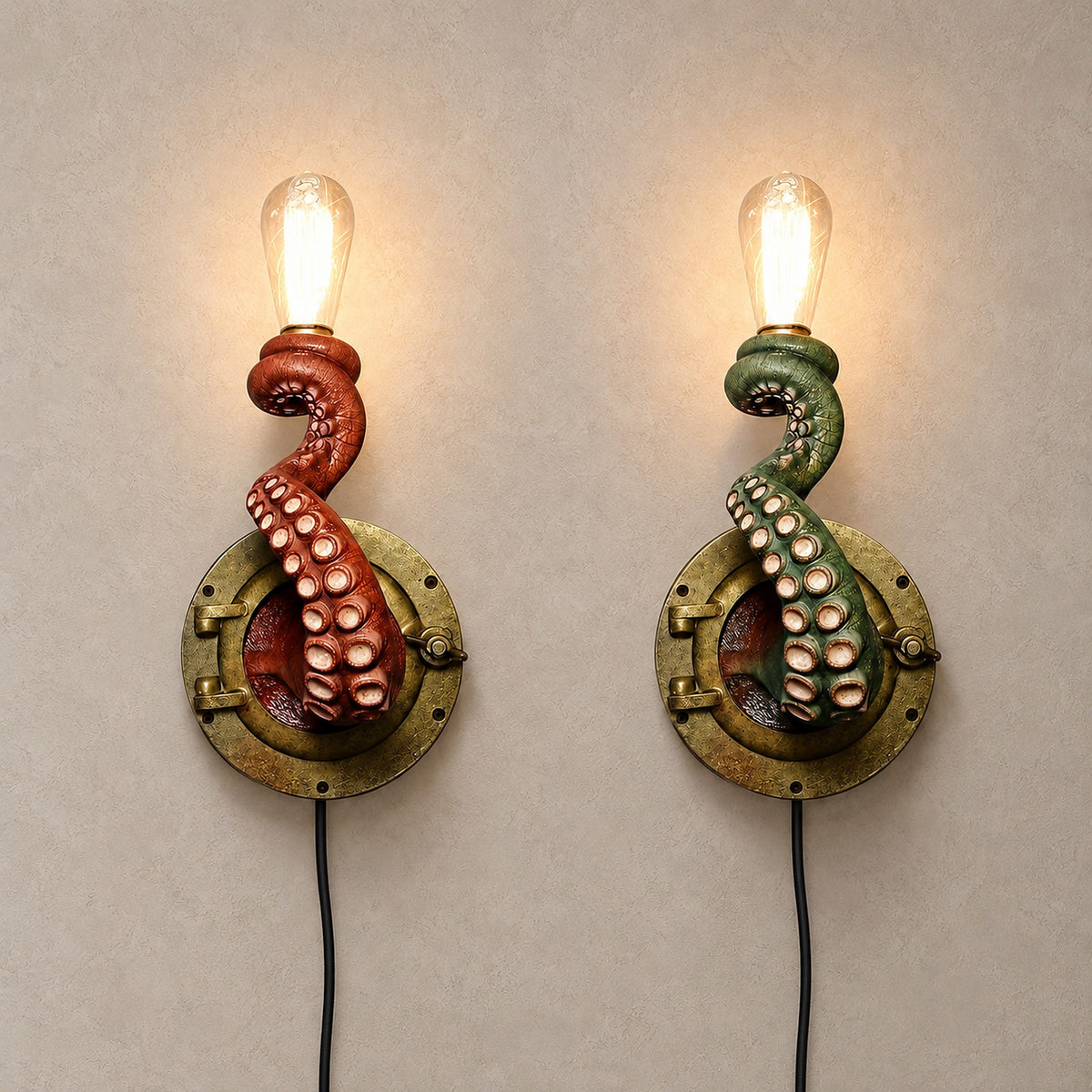Nevilmo red and green plug in wall light pair illuminated side by side, two resin octopus tentacles