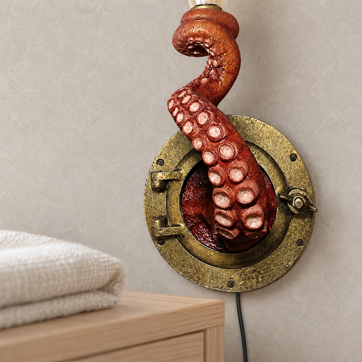 Nevilmo red bedside wall light, close view of the sculpted resin tentacle and pale suction cups, unlit