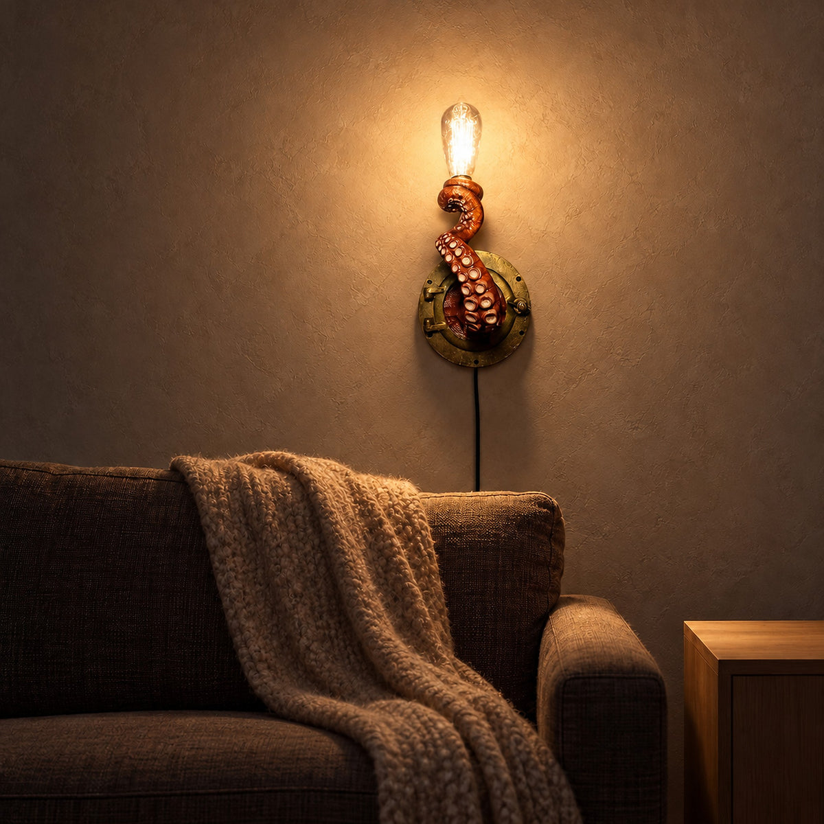 Nevilmo red plug in wall lamp glowing above a living room sofa after dark