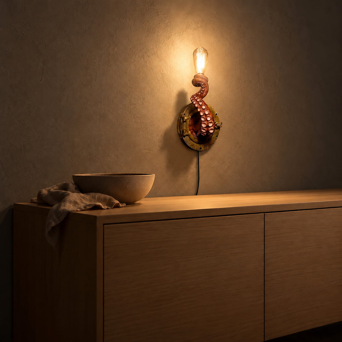 Nevilmo red plug in wall sconce glowing over a sideboard in a dining nook at night