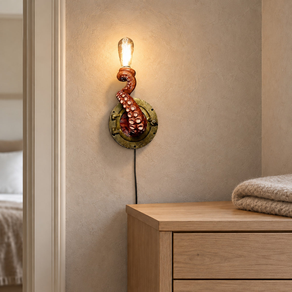 Nevilmo red wall lamp on a short bedroom wall beside a doorway, glowing by day