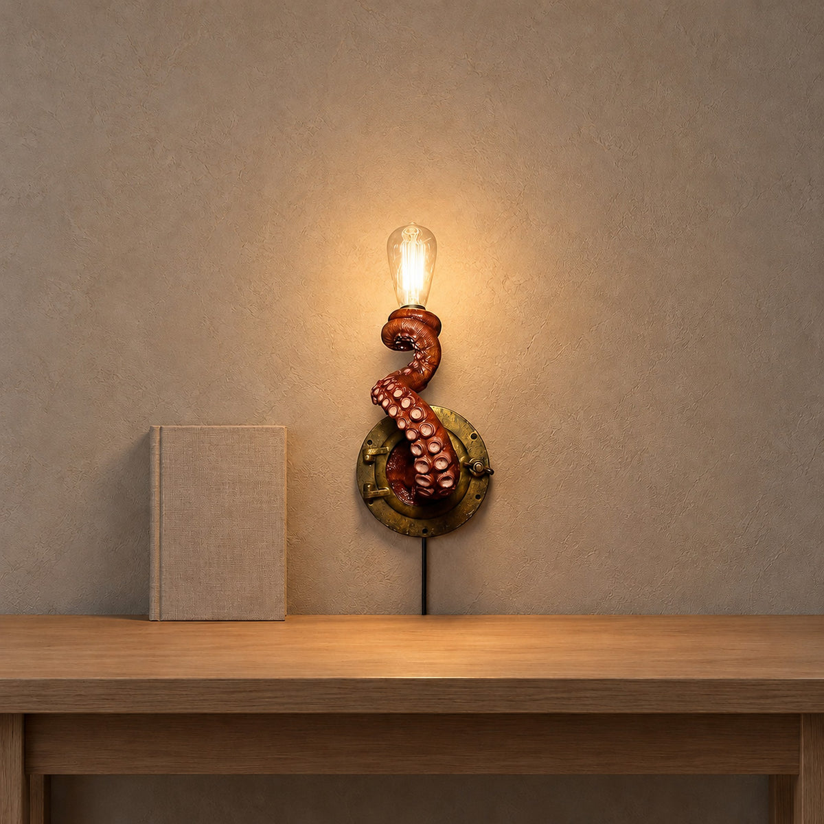 Nevilmo red wall lamp with an exposed glowing bulb above a desk in a quiet study