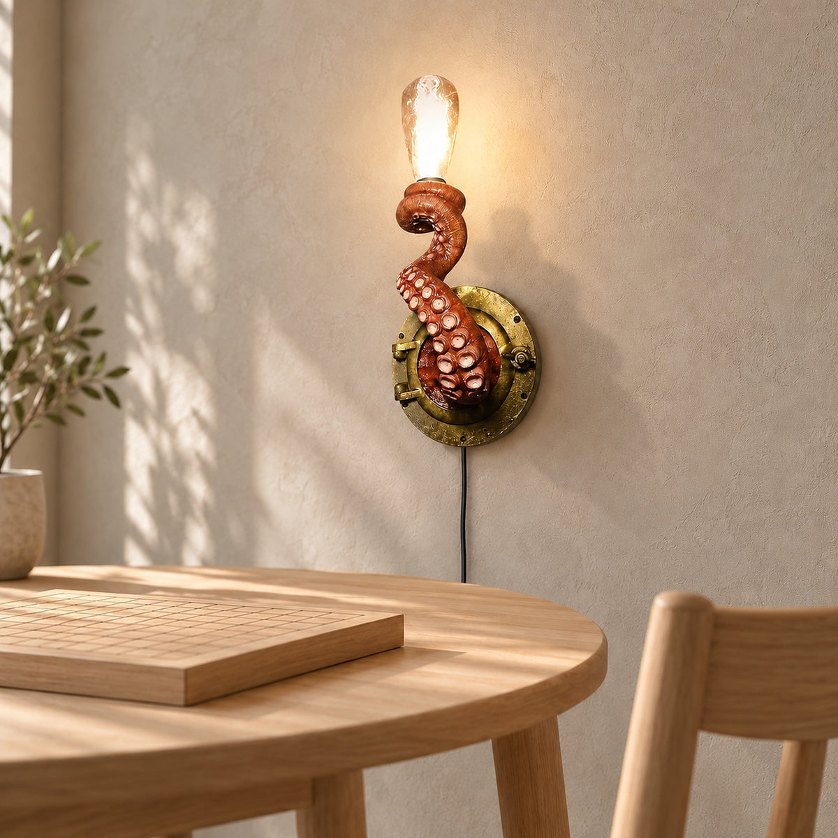Nevilmo red wall light with an exposed bulb above a curled octopus tentacle in a game room