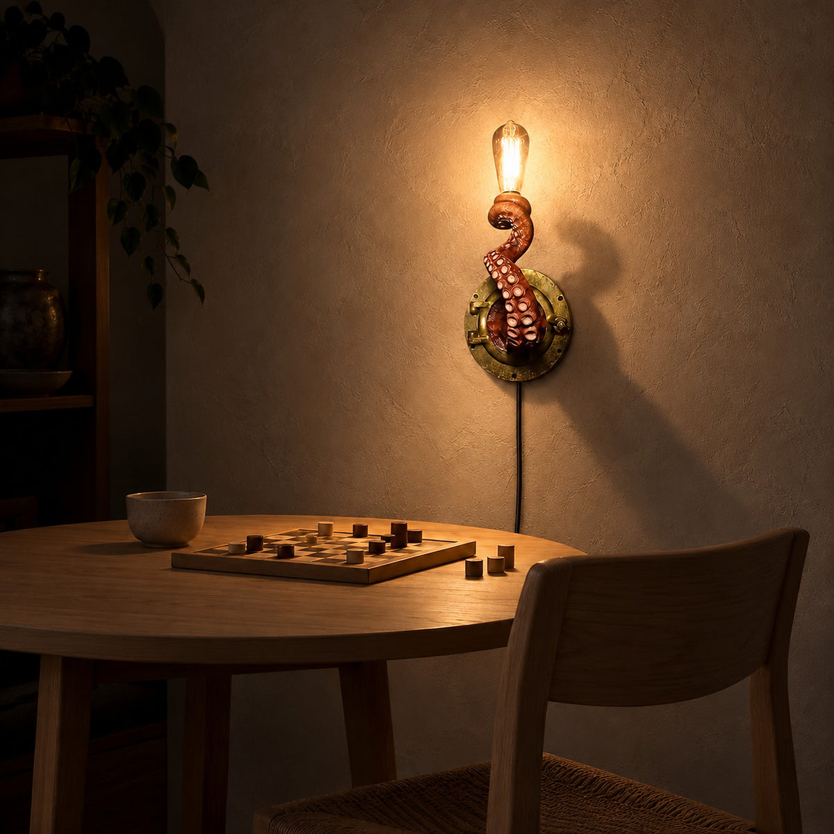 Nevilmo red wall sconce casting sculptural octopus shadows across a game room at night