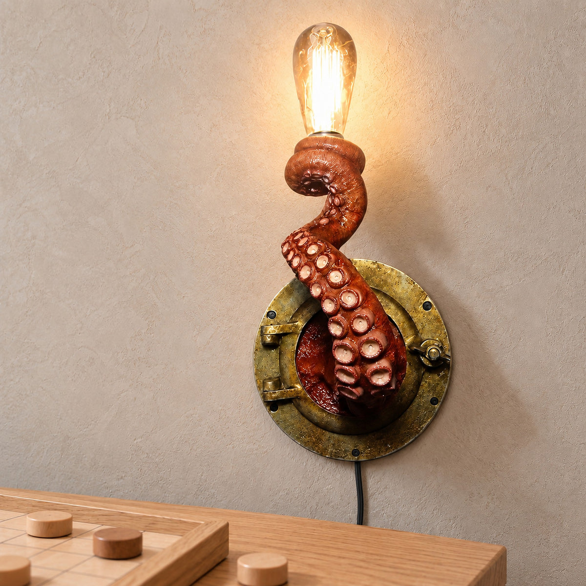 Nevilmo red wall sconce glowing above a game table in a bright game room by day