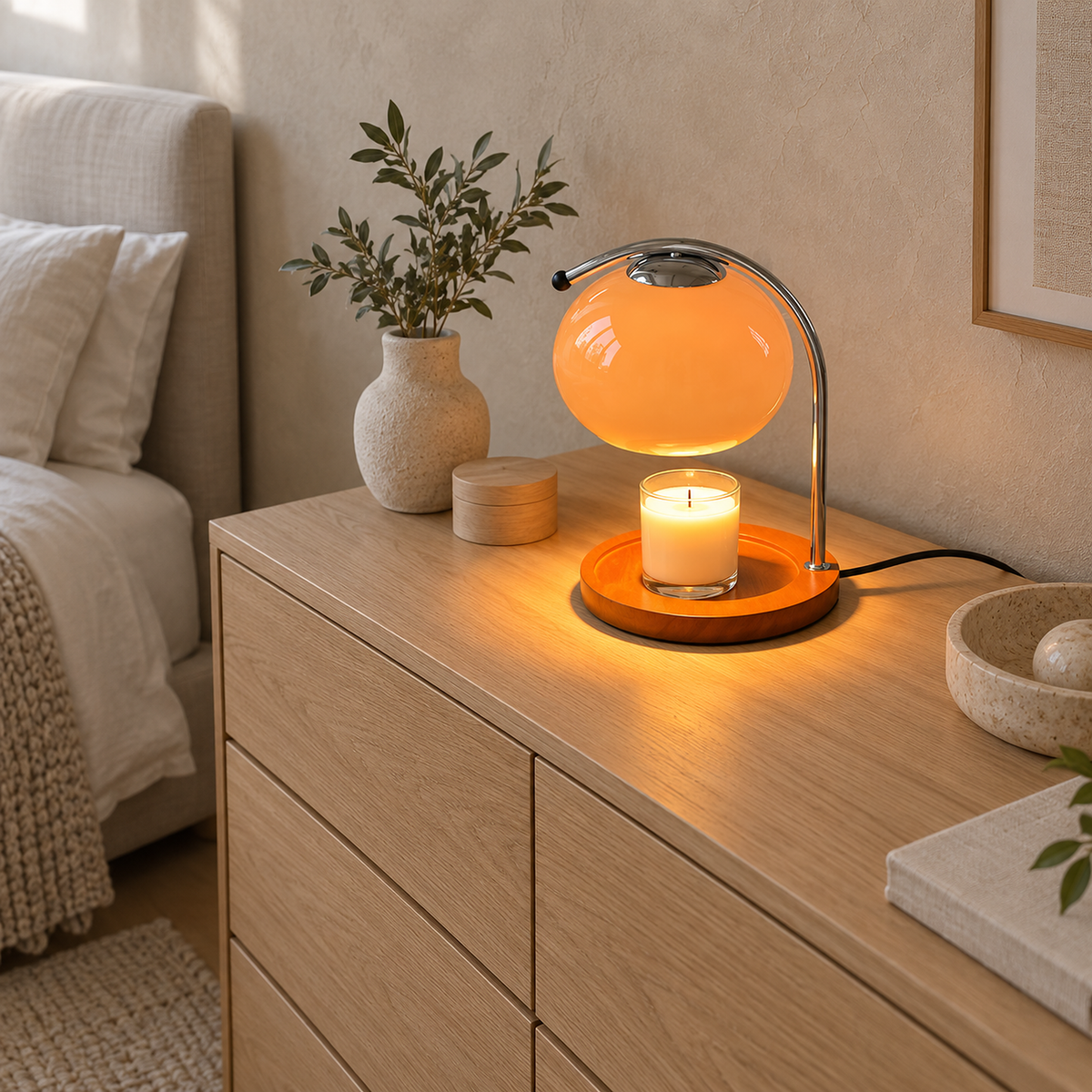 Nevorla orange bedside lamp melting candle wax on a wooden bedroom dresser
