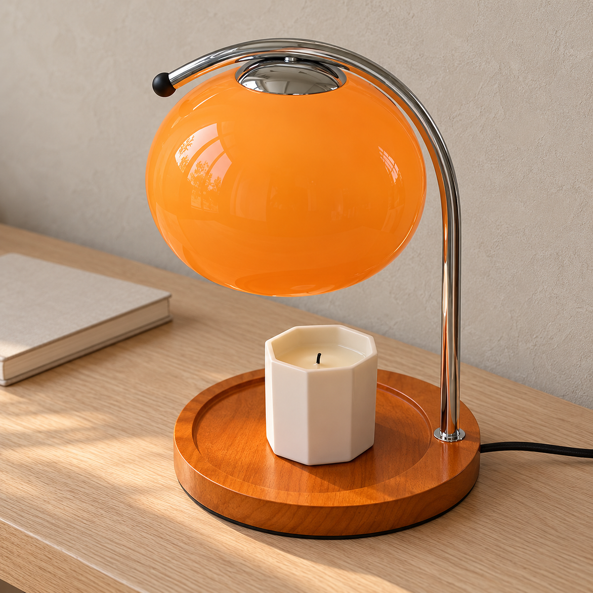 Nevorla orange candle warmer lamp, close up of its glass shade and chrome plated metal arm