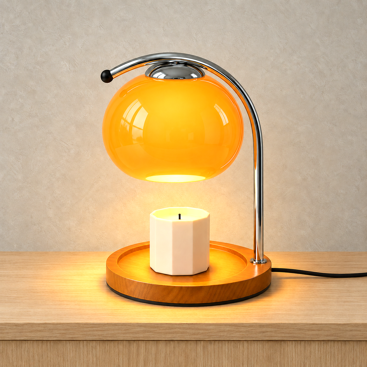 Nevorla orange candle warmer lamp glowing above its round wood tray base on a plain backdrop