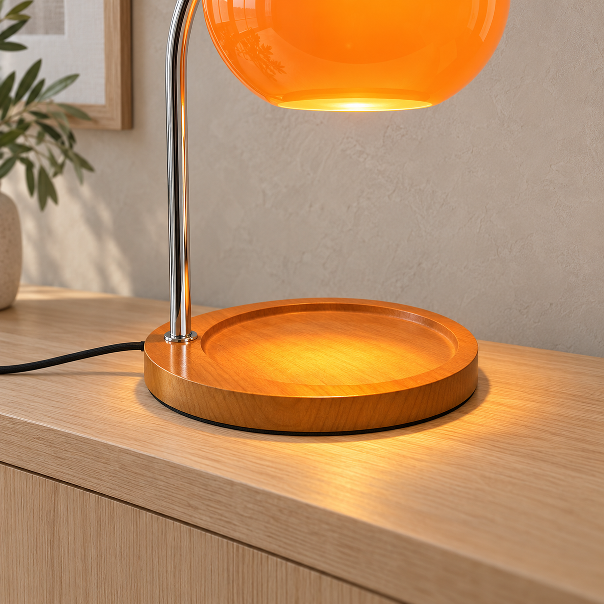 Nevorla orange candle warmer lamp glowing over an empty wood tray with its plug in power cord